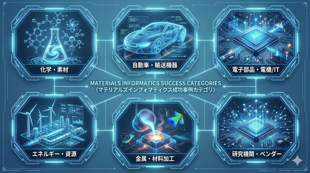 国内外のマテリアルズインフォマティクス(MI)成功事例のカテゴリの図解